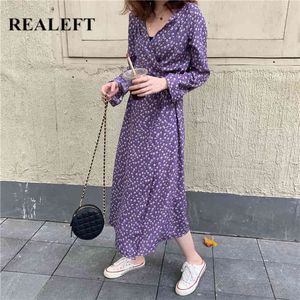 Spring Summer Floral Print Women's Long Dresses Cross V-Neck Vintage High Waist Casual Loose Drawing 210428