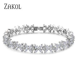 ZAKOL Classic White Marquise Cut Cubic Zircon Chain Link Bracciali Braccialetti Fiore Gioielli da sposa per le donne FSBP094 211124