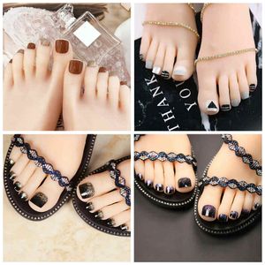 Holiday False Nails for Foot Fashion Girls Fake Toenails 24 Tips with Glue Shining Nail Art Decorations Tools