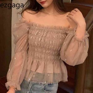 Ezgaga Sexy Bluse Frauen Slash Neck Puff Sleeve Chiffon Frühling Mode Geraffte Clubwear Koreanische Crop Tops Elegante Shirts 210430