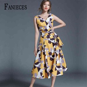 Fanieces Kadınlar Yaz Uzun Pist Elbise Kolsuz Baskı Boho Moda Zarif Parti Sundress Vestidos De Festa Streetwear 210520