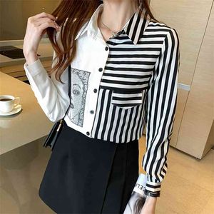 Long Sleeve Blouse Chic Tops Black Woman Blusa OL White Spring Autumn Striped Patchwork Diamonds Women Shirts Blouses 210507