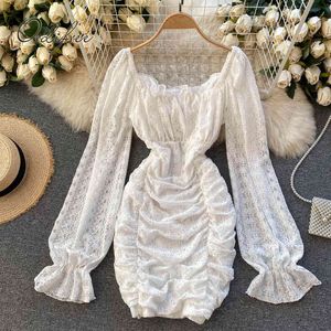 Vestito corto da vacanza aderente sexy drappeggiato senza schienale in pizzo bianco da donna estivo 210415