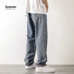 Amerikanska retro jacquard jeans män autum sommar tunn gata ruffian stilig lös byxor rakt droppe vintage denim distressed 211124