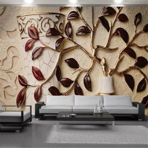 3D Duvar Kağıdı Oturma Odası Duvar Kağıtları Kabartmalı Kırmızı Yaprak Vazo Ev Dekor Boyama Duvar Suya Dayanıklı Antifouling Duvar Kağıtları