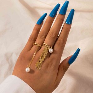 Personalized gold tassel pearl ring, versatile hollow fashion chain ring, 2-piece set