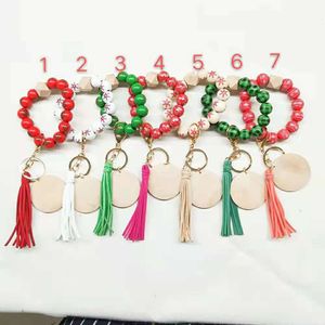 Foreign trade Christmas pattern beaded wooden bead keychain fashion personality disc tassel bracelet key ring wholesale female multicolor optional