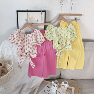 Girls Clothes Set Children Sweet Print Lace-up Shirt + Solid Color Wide-leg Trousers Summer Kid Clothing Two-piece 210515