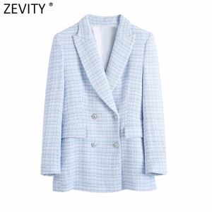 Women Elegant Plaid Pattern Tweed Woolen Blazer Coat Office Lady Double Breasted Suits Female Chic Buttons Tops CT711 210420