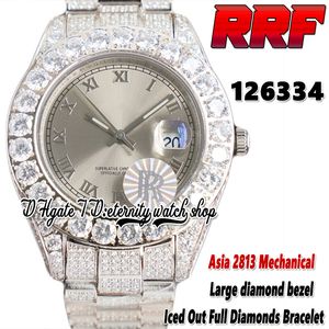 2022 RRF 126334 126333 2813 Mãos Mecânicos Automáticos Relógio 116333 grandes diamantes Bezel Roman Gray Dial 316L Aço totalmente gelado fora de diamante Pulseira Eternity Relógios