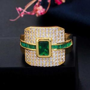 Monaco Luxury 585 Yellow Gold Green CZ Promise Ring for Women Wedding Engagement Dubai Punk Bridal Finger Rings R148 210714