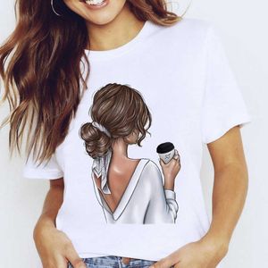 Women Graphic Coffee Sweet Girl Cartoon Short Sleeve Spring Summer Lady Clothes Tops Clothing Tees Print Female Tshirt T-Shirt X0527