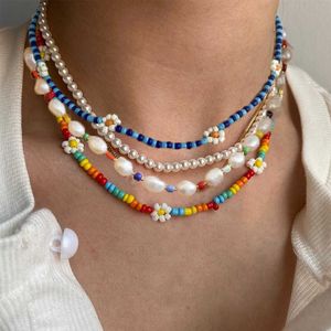 17km Y2k Trendy Bead Strand Beaded Choker Necklace for Women Bohemian Colorful Handmade Short Daisy Pearl Jewelry