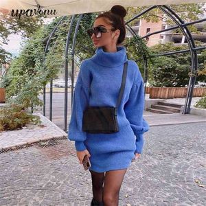 Ücretsiz Sonbahar Zarif Gevşek Kazak Elbise Kadınlar Yüksek Boyun Fener Kollu Mini Club Parti ES Vestidos 210524