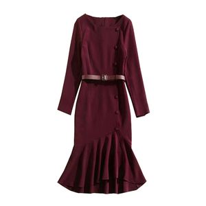 Vinho preto vermelho o pescoço manga comprida faixa sólida outono midi vestido elegante sereia trombeta plissado D3002 210514