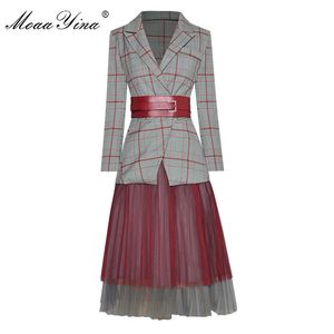 Mode Designer Set Spring Autumn Women's Långärmad Plaid Suit Tops + Mesh Skirt Two-Pistass Set 210524