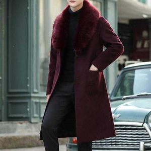 5XL Stor storlek Luxury Big Fur Claret Overcoats Mens Black Long Trench Coats för Mens Vintage Winter Coats Burgundy Warm Gray 211011