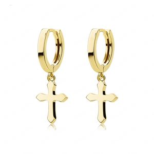 Stainless Steel Cross Earring Classic Minimalist Gold Color Dangling Cross Hoop Earrings For Men Women Jewelry