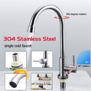 360 Degree Rotation Kitchen Faucets Stainless Steel Single Handle Hole Sink Tap 211108