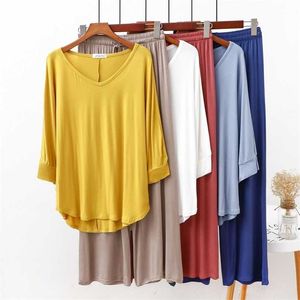 Piżama garnitur Bat Sleeve Solid Color Cotton V-Neck Elastyczna Talia Szerokie Spodnie Niski Spodnie 2 Sztuk Ustaw Miękki Dom Nosić 211106