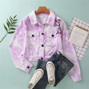 HSA Höst StreetWear Women Pink Tie-Färg Jacka Koreansk Casual Harajuku Pocket Dam Loose Short Printed Långärmad Coat 210417