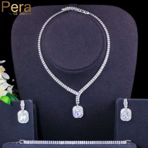 Pera Classic 3pcs Engagement Wedding Party Square Crystal Smycken Set Kvinnor Halsband Örhängen Armband Jewellry Tillbehör J413 H1022