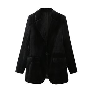 Kausale Frauen Schwarz Samt Dünne Jacke Mode Damen Single Button Blazer Streetwear Weibliche Chic Taschenmäntel 210527