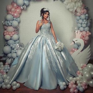 Sky Blue Ball Gown Quinceanera Dresses Beads 3D Flowers V Neck Formal Prom Gowns Sweet 16 Dress vestido de 15 anos