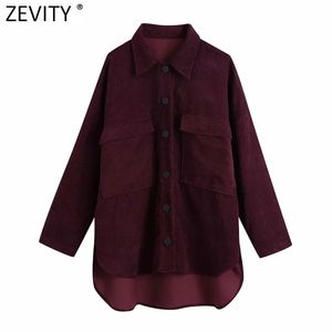 Women Vintage Big Pockets Patch Casual Loose Corduroy Shirt Coat Female Long Sleeve Irregular Jacket Chic Tops CT631 210416