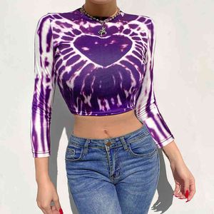 Tie Dye Sweet Heart Print Y2K T-Shirts With Three Quarter Sleeve Harajuku Women Summer Crop Top For Girls Kawaii Tees Shirt 210415