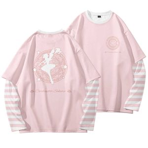 かわいいロリータピンクの偽の2枚の縞模様の長袖TシャツカードキャプターさくらパッチワークTシャツ大樽アニメルルドティーズトップス210629