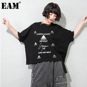 [EAM]女性ブラックパッテンプリントビッグサイズTシャツラウンドネックハーフバットウィングスリーブファッションスプリングサマー1DD7743 210512