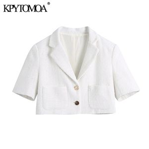 Kpytomoa Kadınlar Moda Metal Düğme Tüvit Kırpılmış Beyaz Blazer Ceket Vintage Kısa Kollu Cepler Kadın Giyim Şık 211122 Tops