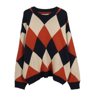 여성 스웨터 니트 긴 소매 Orante 베이지 네이비는 풀오버 가을 크루 넥 겨울 격자 무늬 아가일 M0190 210514