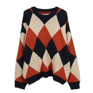 Maglione da donna lavorato a maglia a maniche lunghe Orante Beige Navy Think Pullover Autunno Girocollo Inverno Plaid Argyle M0190 210514