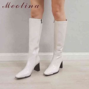 Mulheres Botas Longas Sapatos Alto Salto Knee-High Senhoras Quadrado Toe Bloqueio Saltos Zip Moda Outono Inverno Branco 210517