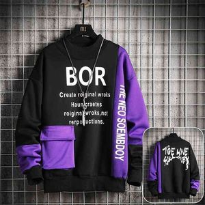 Casual Sweatshirt Men Streetwear Hoodies Letter Printing Mens Patchwork Sweatshirts Male O-Neck Top Pullover Tracksuit 210707