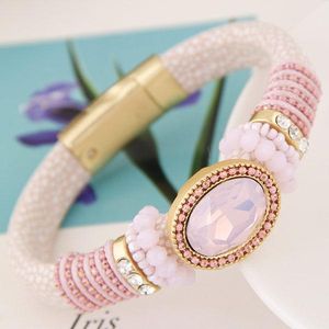 Charm Bracelets LEMOER Oval Gem Magnetic Leather Bangles For Women Crystal Beads Bracelet Jewelry Pulseira Mujer