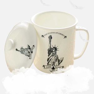 Çin Kahve Fincanı Kapağı toptan satış-Yaratıcı Çin Kemik Çay Bardağı Kapak Ofis Ile Drinkware Emaye El Boyalı Özgürlük Heykeli Kahve Çay Fincanı Su Kupa Kupalar