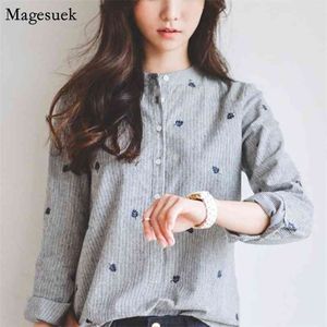 Autumn Striped Women Blouse Shirt Embroidery Vintage Harajuku Office Lady Cotton Long Sleeve Top Blusas 335F 30 210512