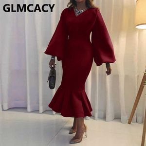 Women Lantern Sleeve V Neck Mermaid Dress Classy Office Laides Formal Party Dresses 210702