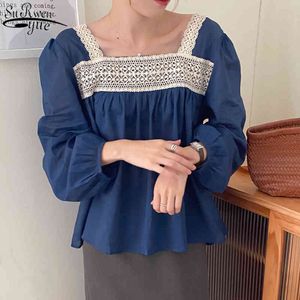 Jesienna bluzka kobiety jednolity kolor z długim rękawem francuski słodki puff koronki koszule kobieta vintage moda odzież 10319 210427