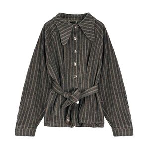 Khaki Gray Striped Tweed Sash Turn Down Collar Long Sleeve Shirt Women Females Spring B0270 210514