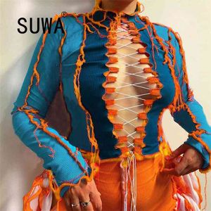 Spadek Zima Hurtownie Kobiety Odzież Kontrast Patchwork Lace-UP Długi Rękaw Seksowny Wieczór Party Club Pullover Top Tunika 210525