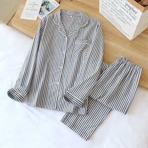 Spring Cotton Stripe Pajamas Double Gauze Couples Sleepwear Long Sleeve Casual Lounge Wear Two Piece Set Nightwear 211215