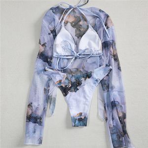In-X stampa tie-dye costume da bagno 3 pezzi femminile bikini sexy in rete 2021 costumi da bagno manica lunga donna nodo biquini costume da bagno abbigliamento da spiaggia 05