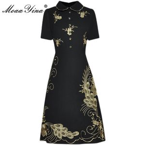 Fashion Runway Summer Party Dresses Women's Black Short sleeve Turn-down Collar Embroidered Vintage Mini Dress 210524