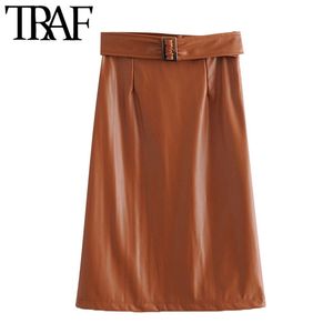 TRAF Mulheres Chique Moda com Cinto Faux Leather Midi Saia Vintage Alto Cintura Lado Zipper Feminino Saias Mujer 210415