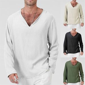 V Yaka Erkek T Shirt Tam Kollu Keten Pamuk Uzun Kollu T-Shirt Erkekler Gotik Hippi Giyim Gevşek Erkek T Gömlek Sonbahar Bahar 210722