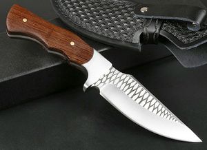 Specialerbjudanden rakt jaktkniv 3cr13mov dropppunkt satin + laser mönster blad full tang rosewood handtag knivar med läder mantel